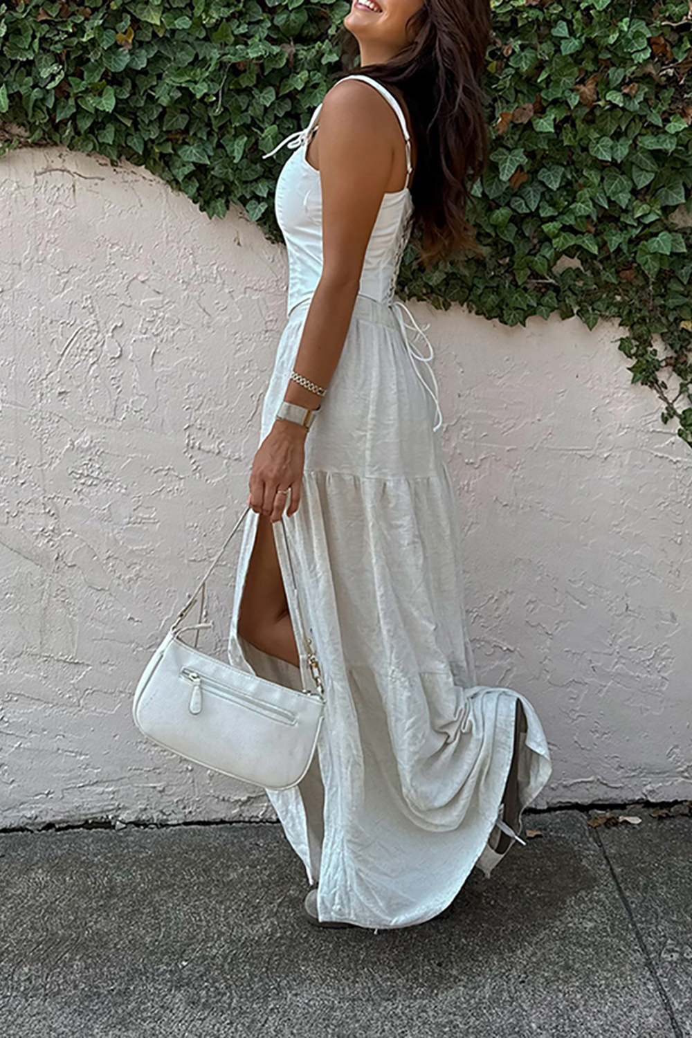 White A Line Corset Cut Out Maxi Dress with Slit