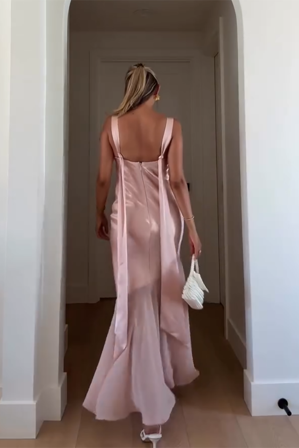 Pink Satin Square Neck Sheath Backless Maxi Dress