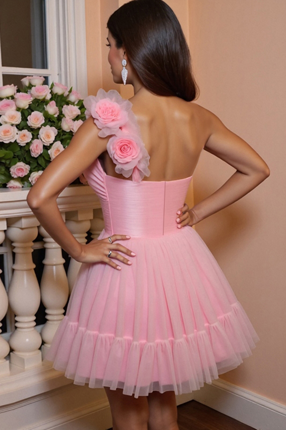 Floral Pink A Line One Shoulder Short Tulle Homecoming Dress