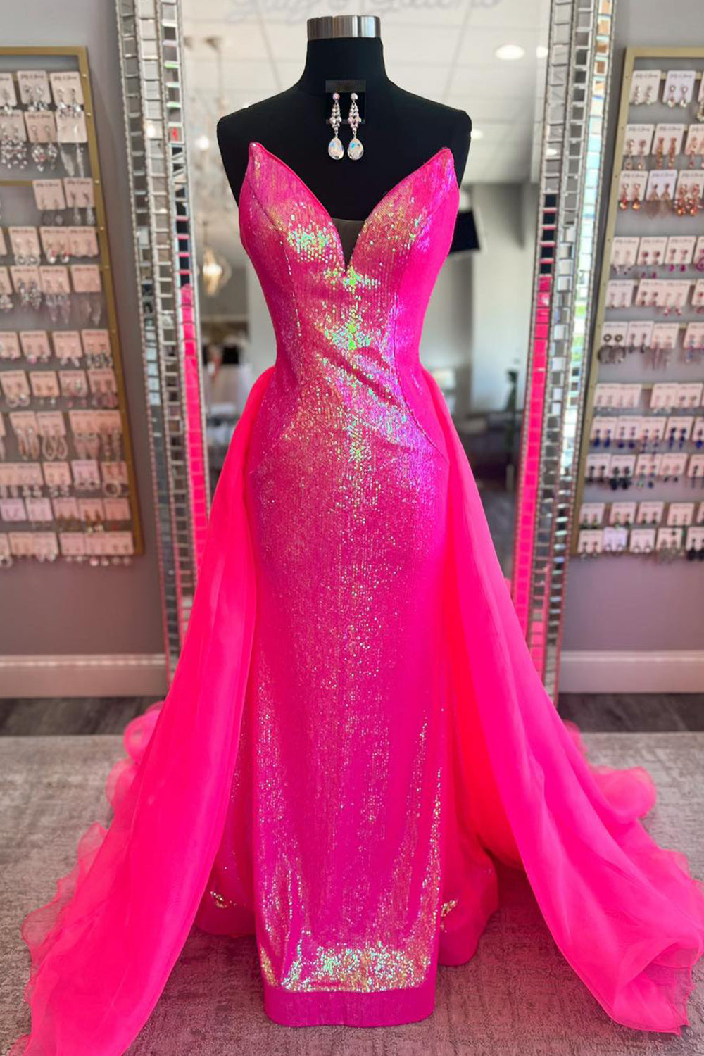 Sparkly Fuchsia Mermaid Sequin Long Prom Dress with Cape