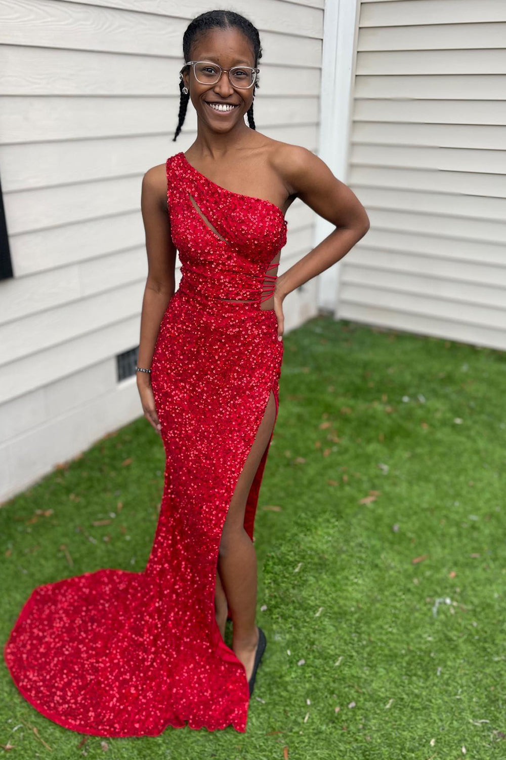 Sparkly Lilac Sequins Cut-Out Long Prom Dress