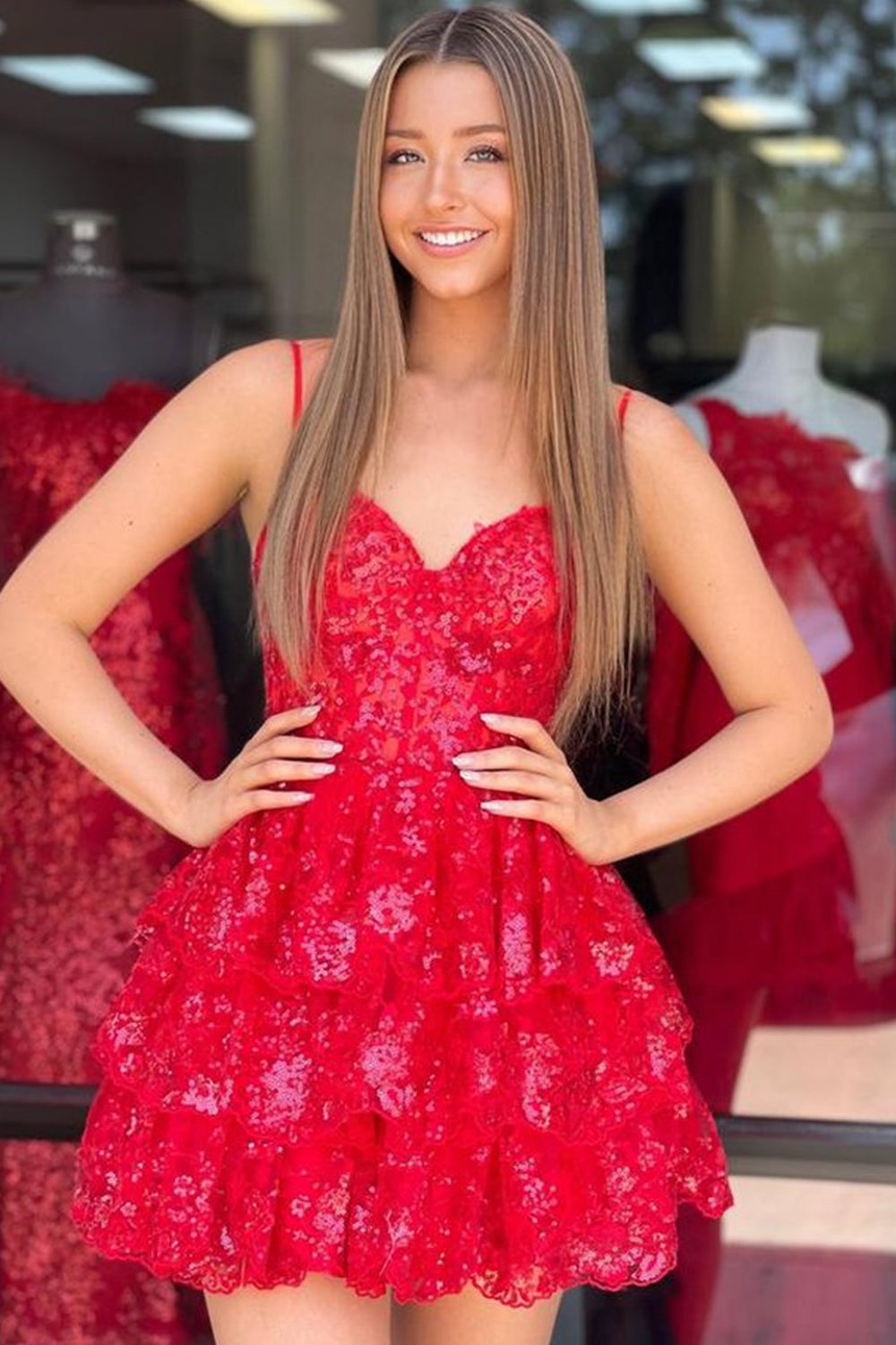 Sparkly Red Corset Top Spaghetti Straps A-Line Lace Short Homecoming Dress