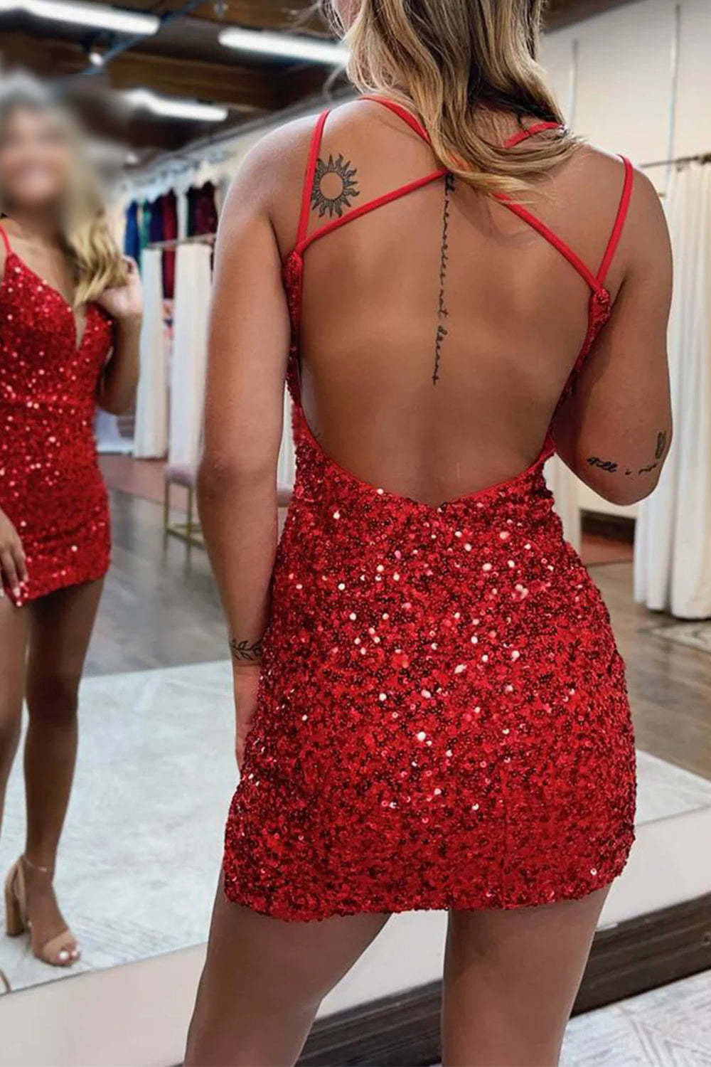 Sparkly Red Sequins Backless Tight Short Homecoming Dress with Slit