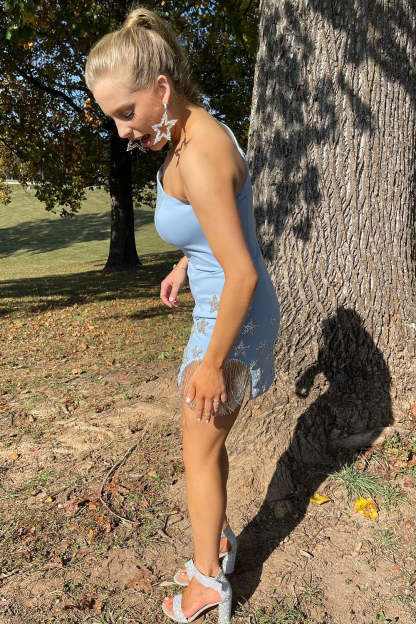 Sparkly Light Blue One Shoulder Stars Tight Short Homecoming Dress with Fringes