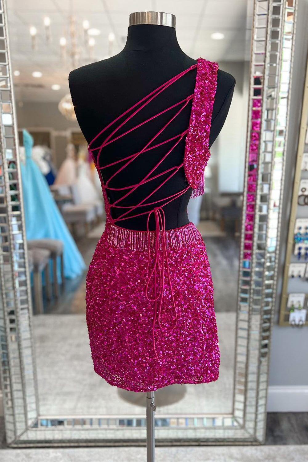 Sparkly Fuchsia Sequins Fringed Cut Out Tight Short Homecoming Dress