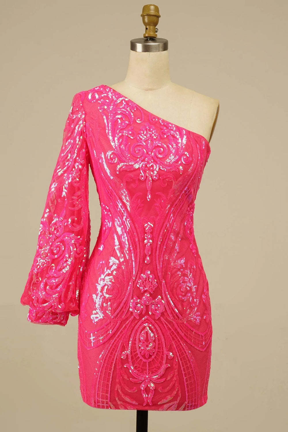 Hot Pink Beaded Sequins One Shoulder Tight Homecoming Dress