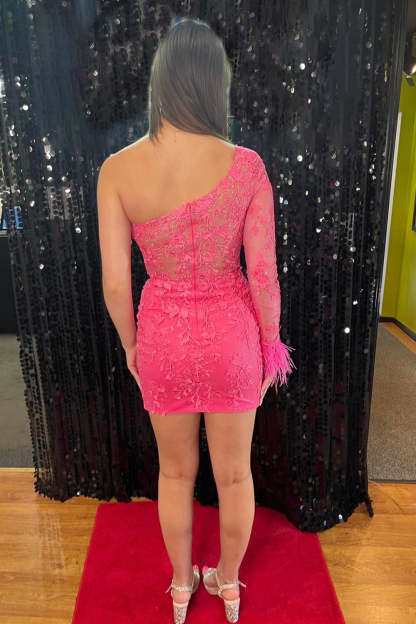 Glitter Pink One Shoulder Corset Lace Tight Short Homecoming Dress with Feathers