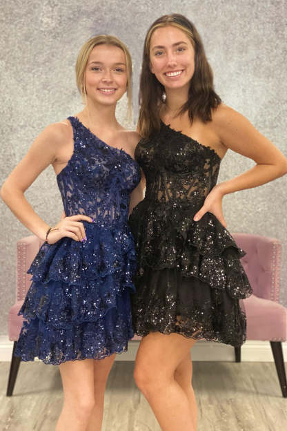 Sparkly Dark Blue Tiered Lace One Shoulder Short Homecoming Dress