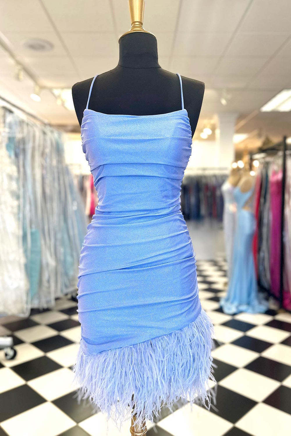 Glitter Light Blue Feathered Tight Short Homecoming Dress