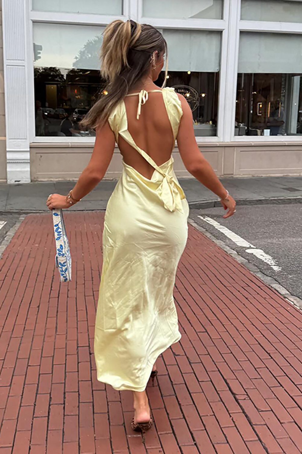Yellow A Line Satin Thick Straps Maxi Dress