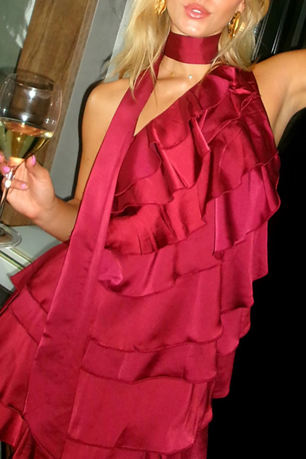 Burgundy Bodycon One Shoulder Neck Scarf Mini Dress with Ruffles