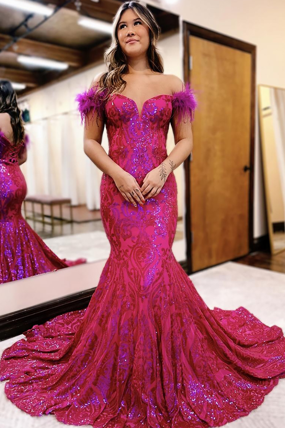 Sparkly Orange Sequins Off the Shoulder Mermaid Long Prom Dress with Feathers