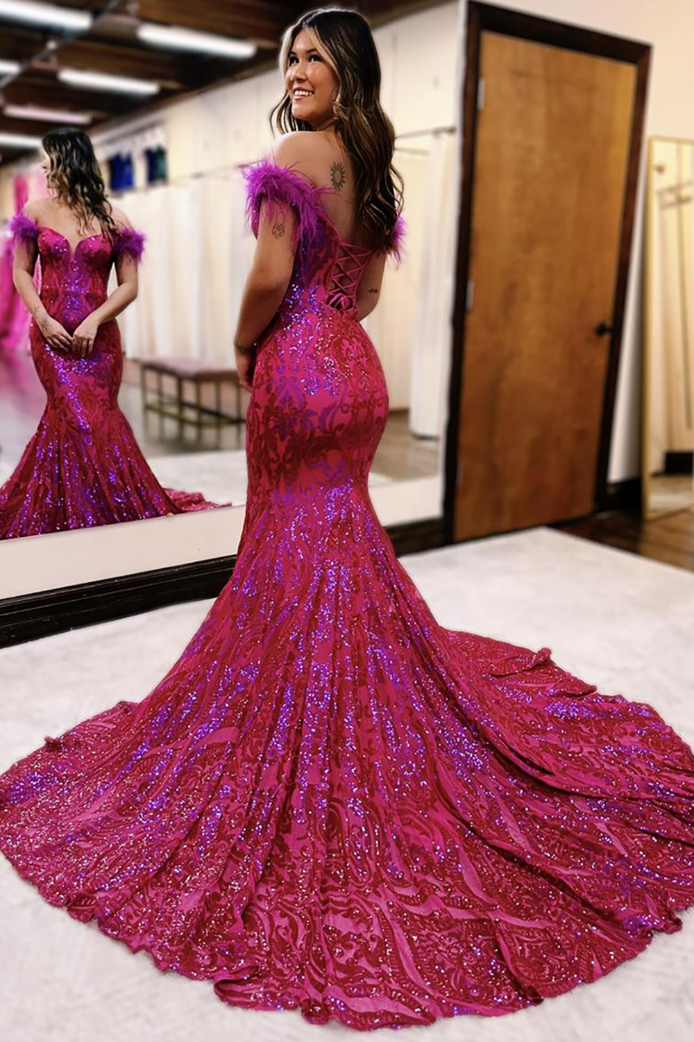 Sparkly Orange Sequins Off the Shoulder Mermaid Long Prom Dress with Feathers