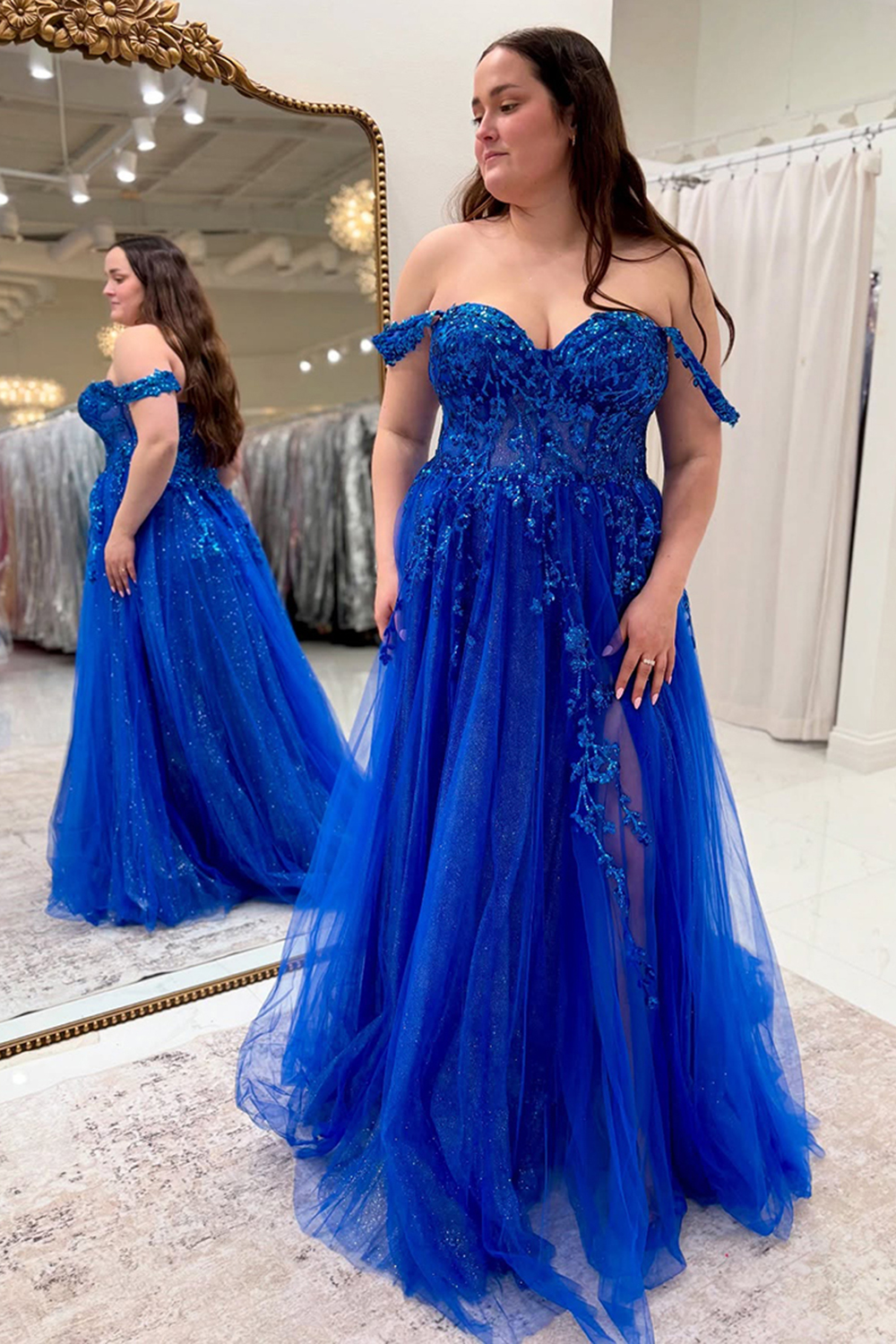 A-Line Sparkly Blue Sequind Corset Long Prom Dress with Slit