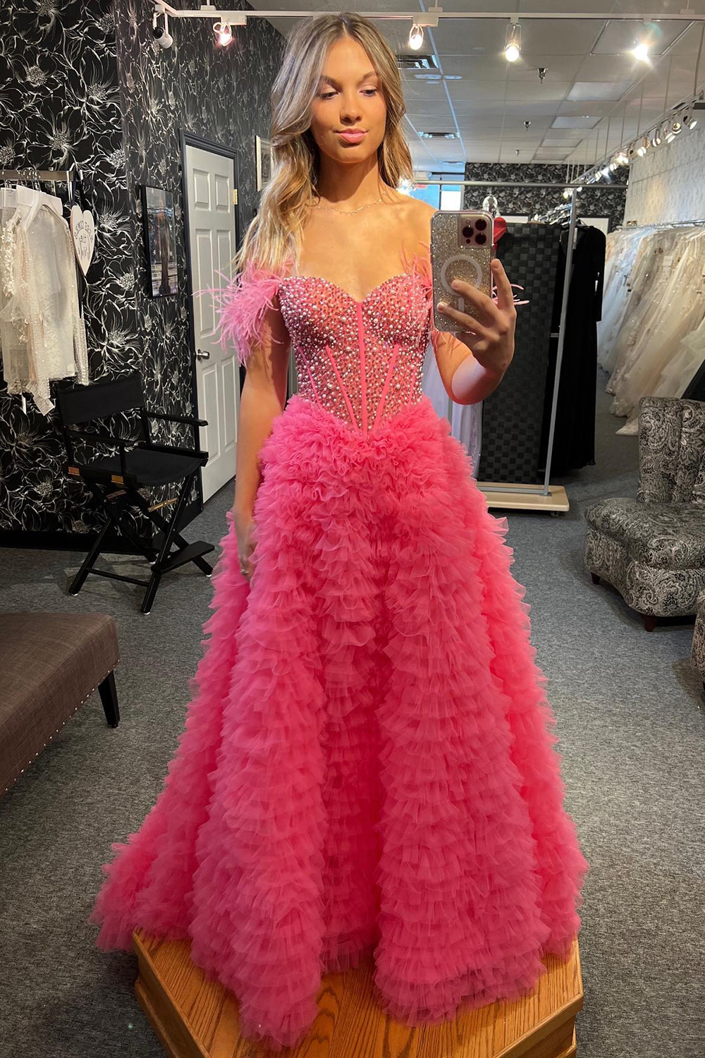 Sparkly Pink Feathered Ruffled Long Prom Dress with Slit