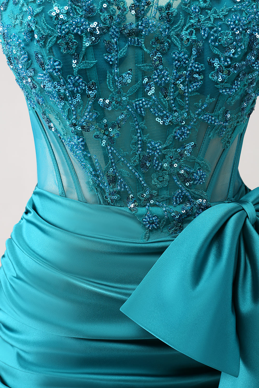 Sparkly Peacock Green Tight Strapless Beaded Applique Homecoming Dress with Bow