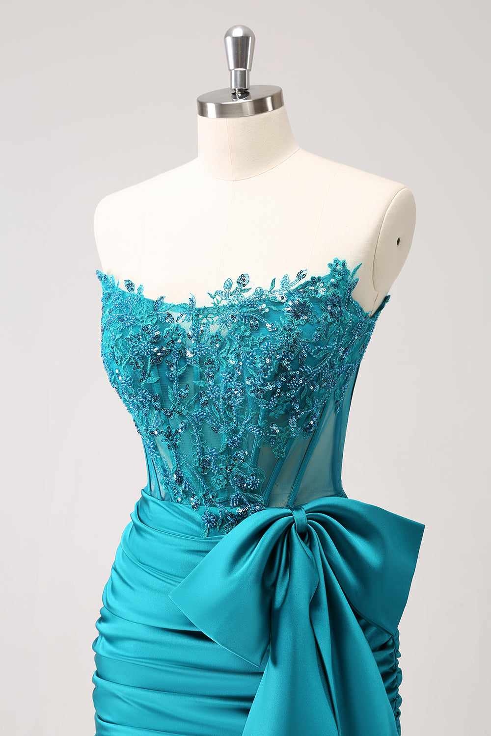 Sparkly Peacock Green Tight Strapless Beaded Applique Homecoming Dress with Bow