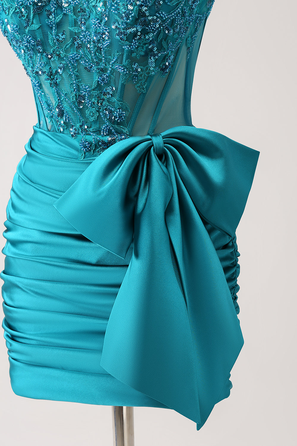 Sparkly Peacock Green Tight Strapless Beaded Applique Homecoming Dress with Bow