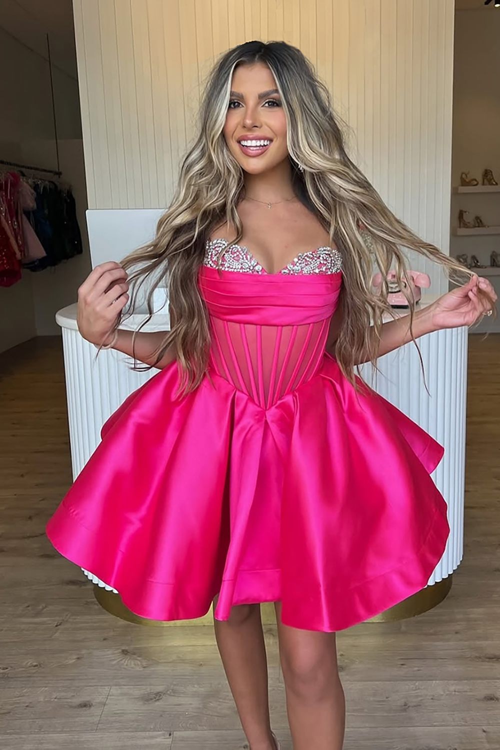 Fuchsia Corset Beaded Tight Short Sparkly Homecoming Dress