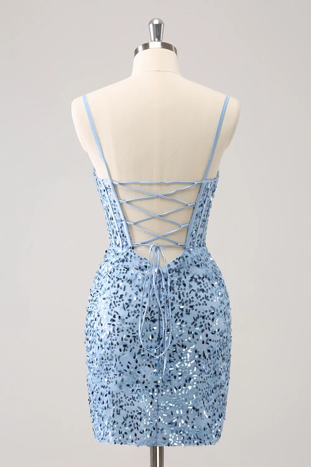 Sparkly Blue Spaghetti Straps Corset Tight Short Homecoming Dress