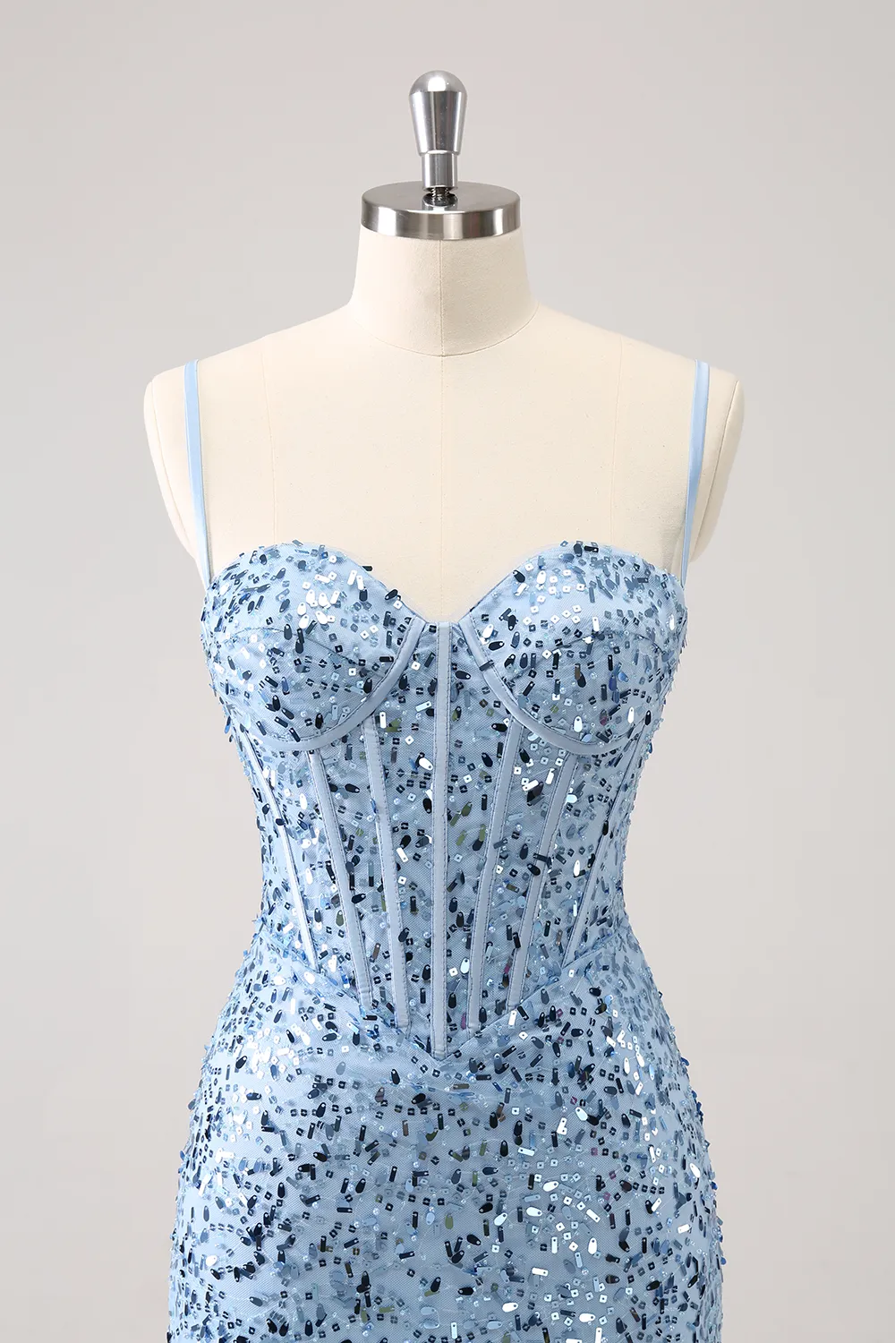 Sparkly Blue Spaghetti Straps Corset Tight Short Homecoming Dress