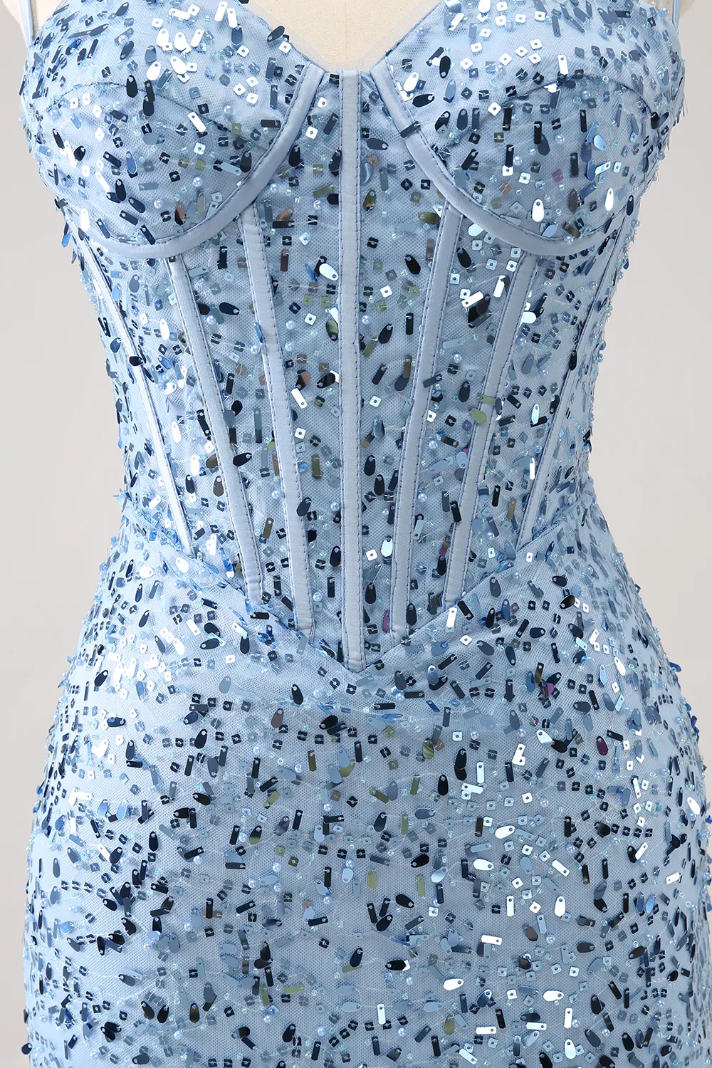 Sparkly Blue Spaghetti Straps Corset Tight Short Homecoming Dress