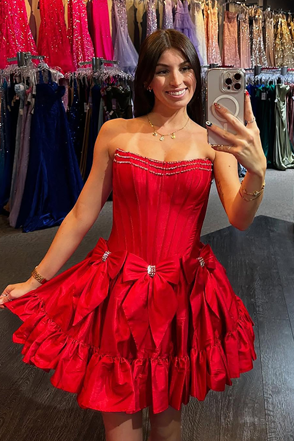 A Line Strapless Corset Red Short Homecoming Dress With Bows