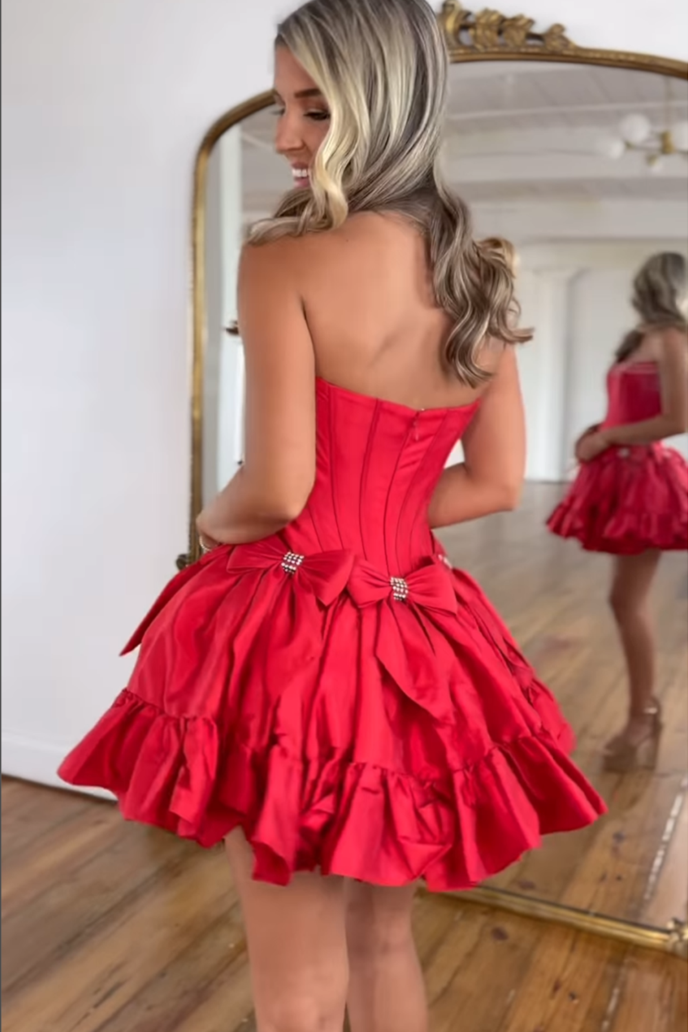 A Line Strapless Red Corset Short Homecoming Dress With Bows