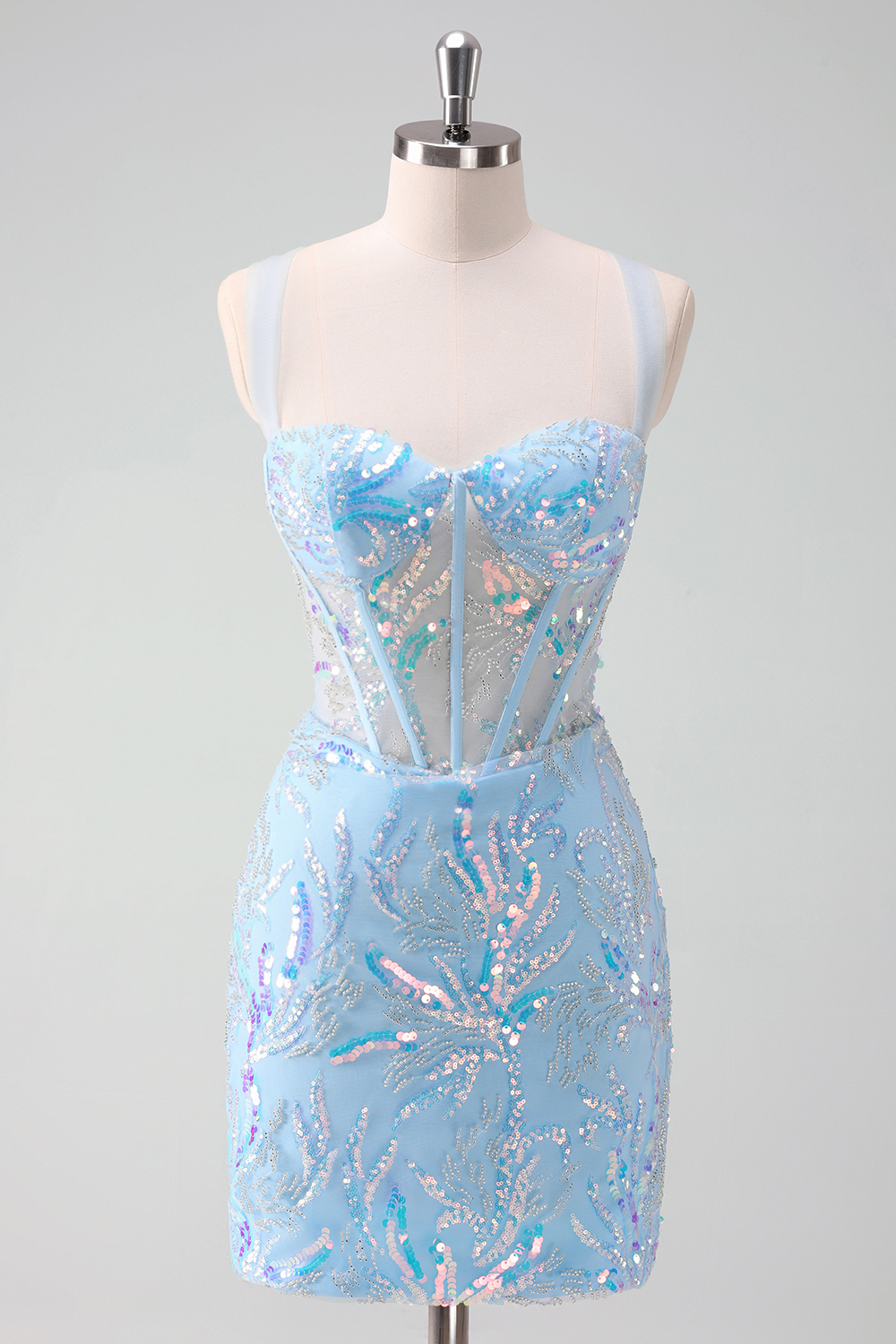 Sparkly Light Blue Sequins Corset Tight Short Homecoming Dress