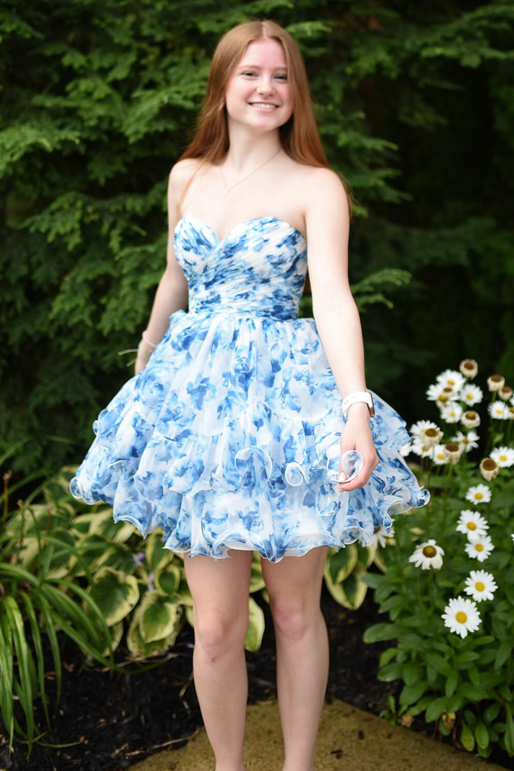  A Line Sweetheart Blue Printed Flroal Homecoming Dress with Ruffles