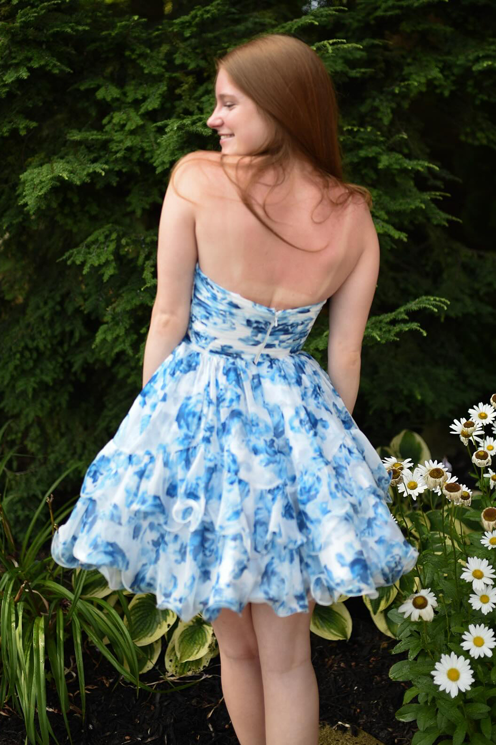  A Line Sweetheart Blue Printed Flroal Homecoming Dress with Ruffles