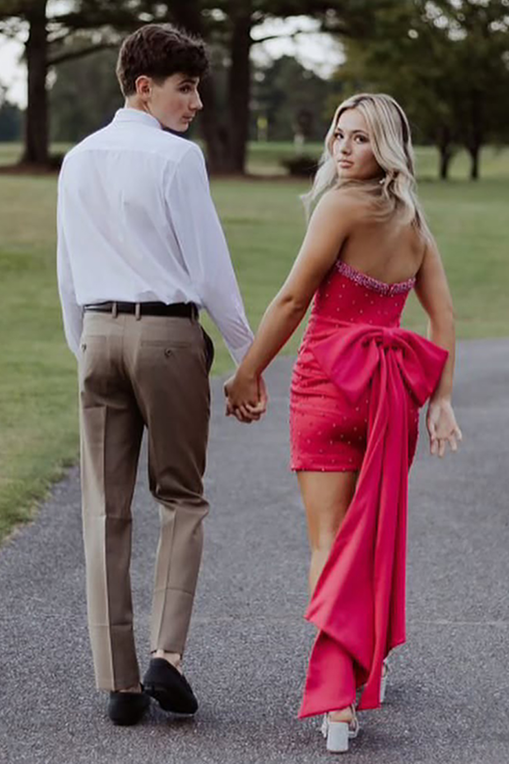 Glitter Fuchsia Beaded Strapless Bodycon Short Homecoming Dress With Bow