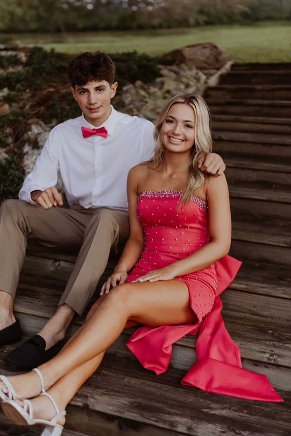 Glitter Fuchsia Beaded Strapless Bodycon Short Homecoming Dress With Bow