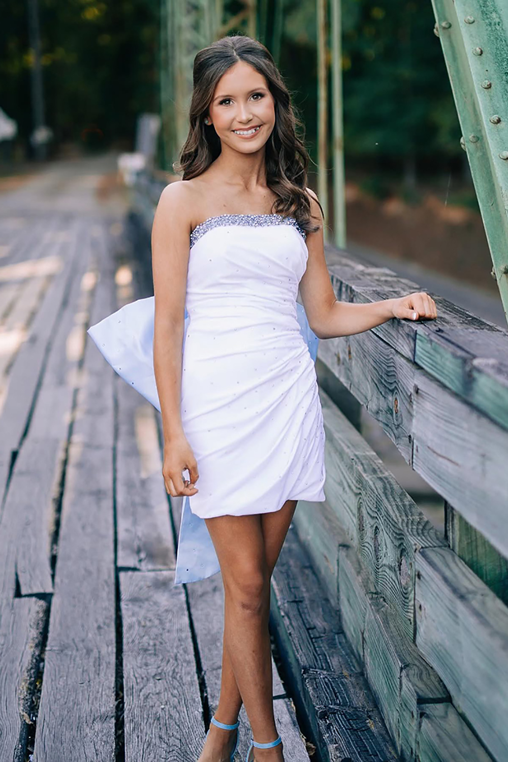 Glitter Fuchsia Beaded Strapless Bodycon Short Homecoming Dress With Bow