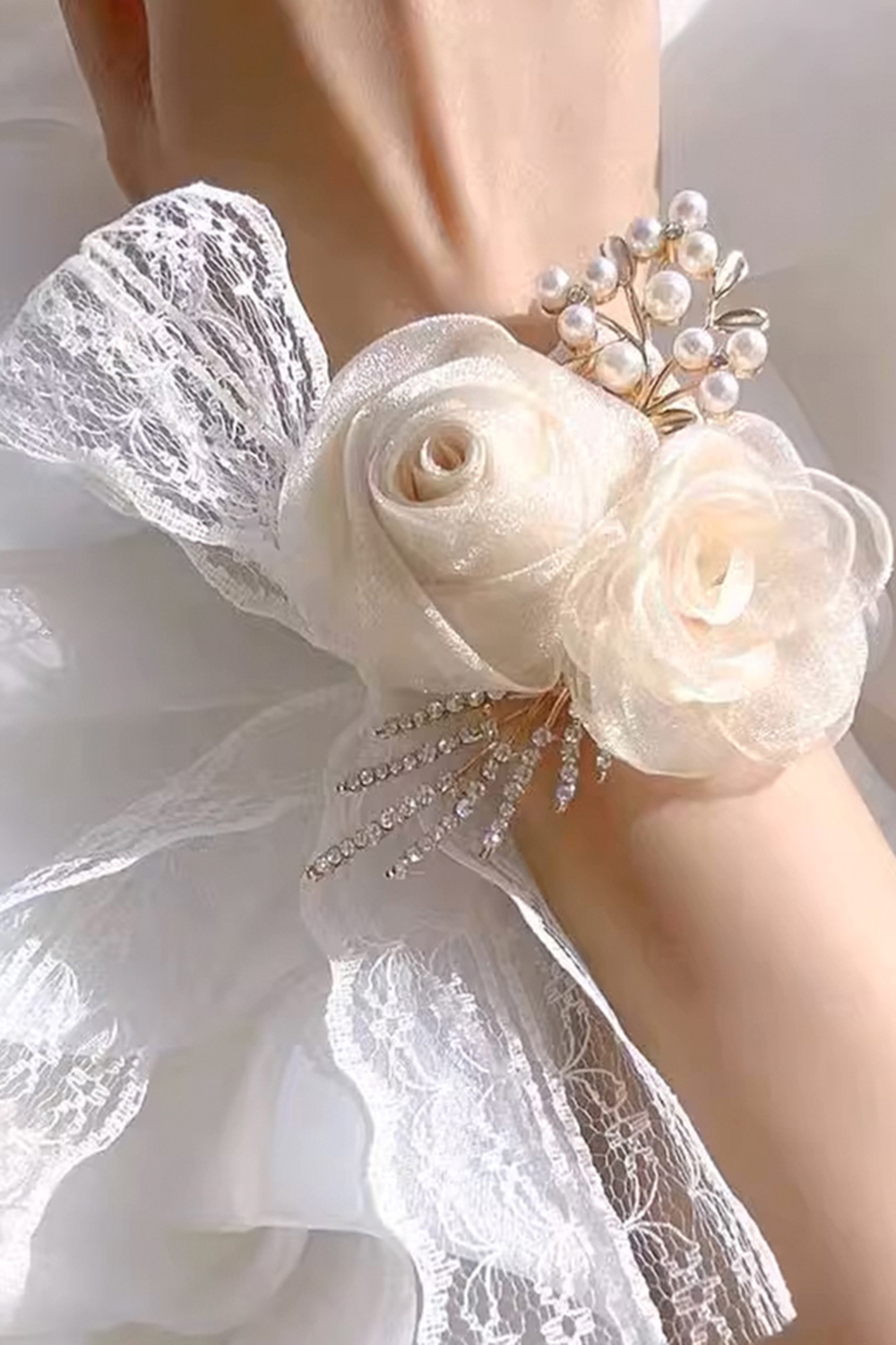 Elegant Apricot Pearl Wrist Homecoming Corsage With Lace