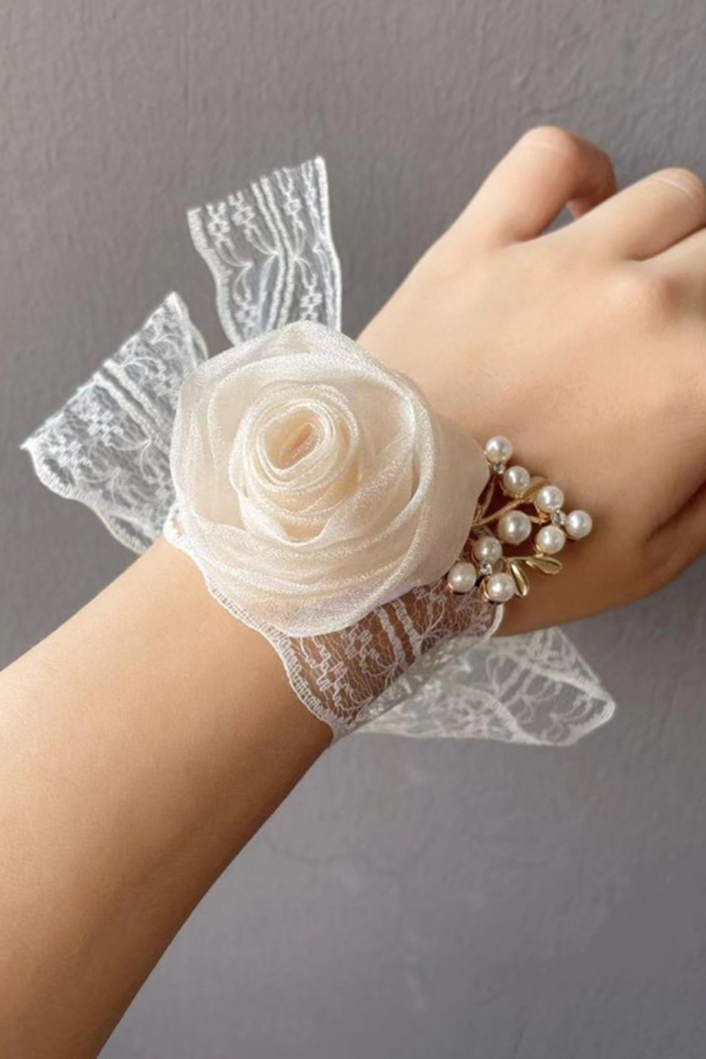 Apricot Pearl Wedding Wrist Corsage With Lace