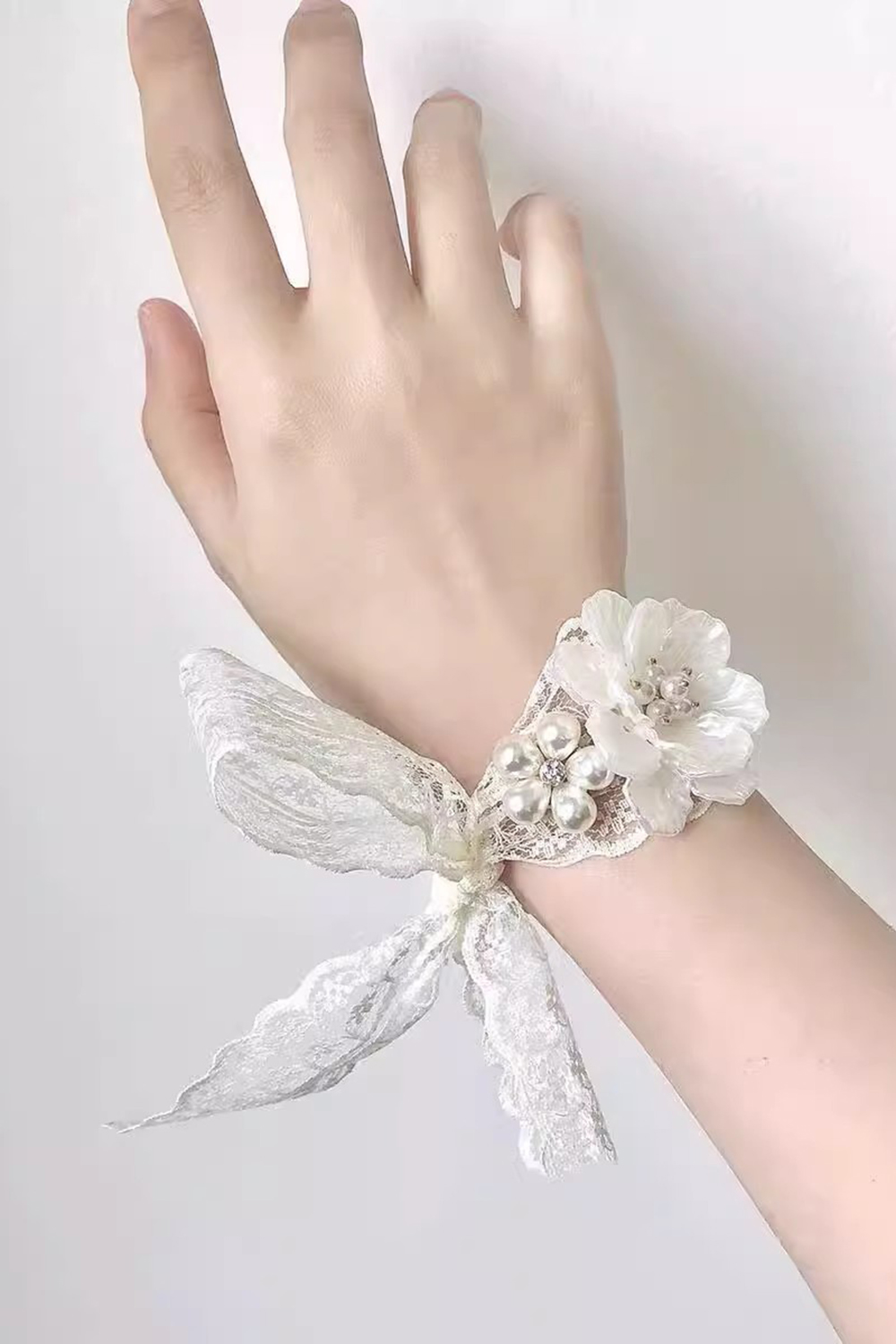 White Pearl Flower Prom Wrist Corsage With Lace