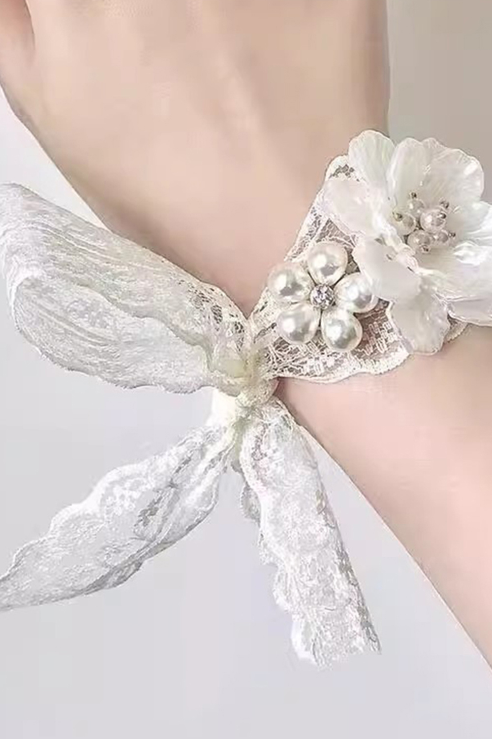 White Pearl Flower Prom Wrist Corsage With Lace