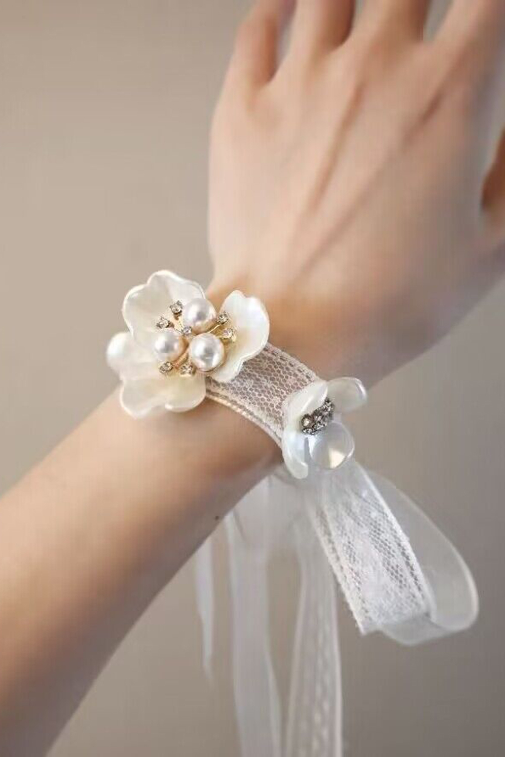 White Pearl Flower Wedding Wrist Corsage With Lace