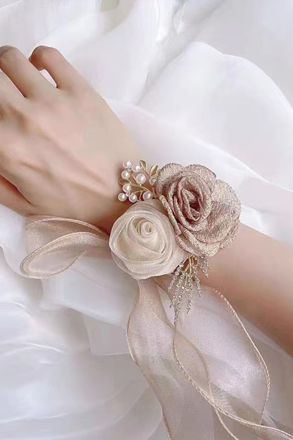Champagne Pearl Flower Homecoming Wrist Corsage