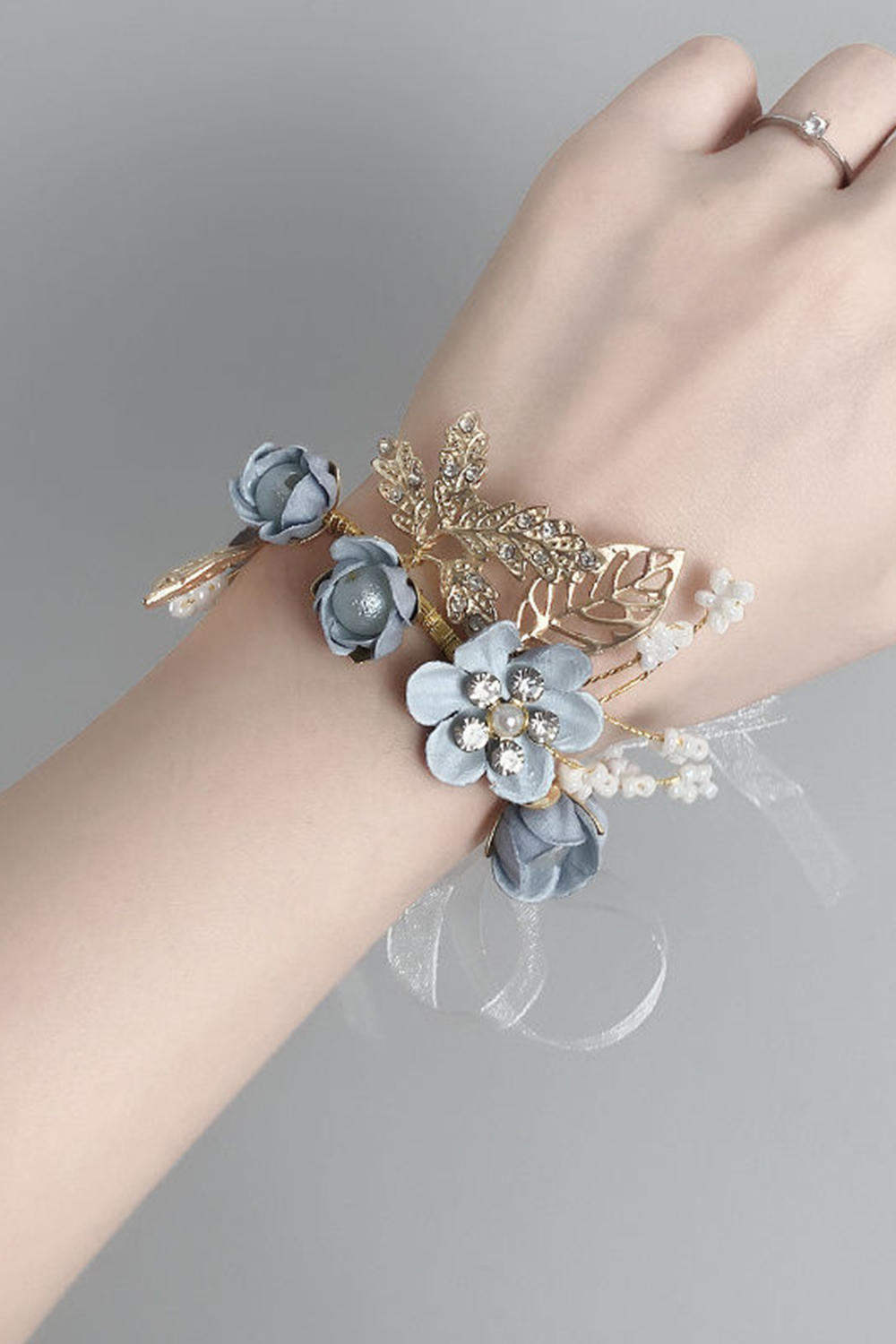 Blue Flower Beaded Homecoming Wrist Corsage