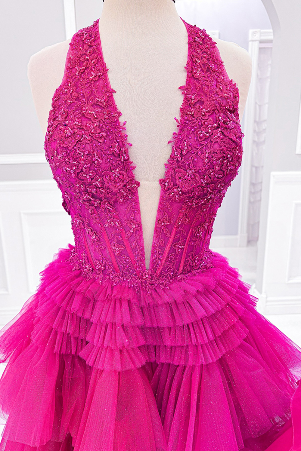 Fluffy Royal Blue A Line Halter Tiered Short Corset Homecoming Dress