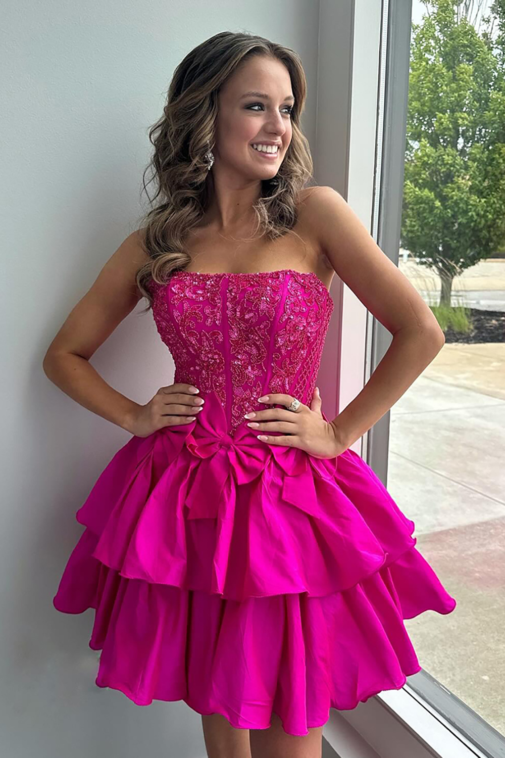 Sparkly Fluffy Fuchsia Short Tight Homecoming Dress with Ruffles