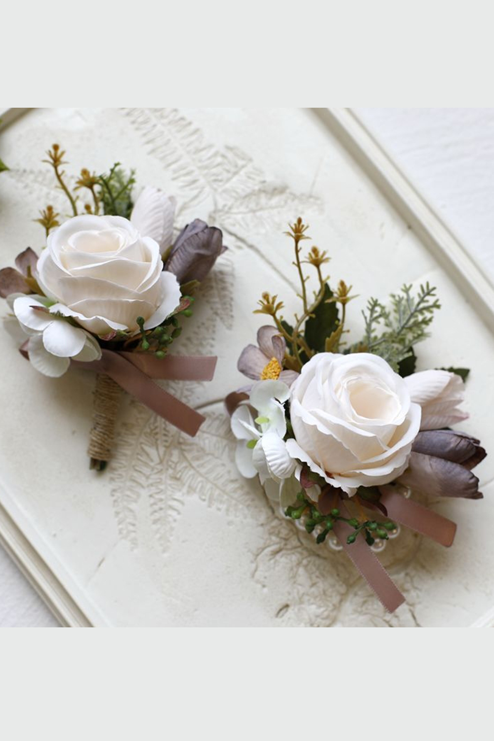 Gorgeous 2Pcs Apricot Pearl Homecoming Wrist Corsage And Men Boutonniere Set