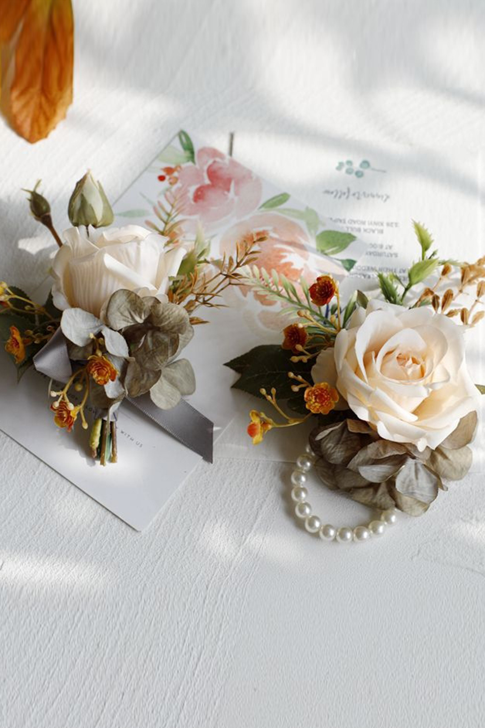 Gorgeous 2Pcs Apricot Artificial Flower Homecoming Wrist Corsage And Men Boutonniere Set