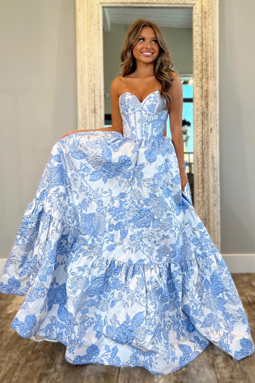 Sweetheart A-Line Blue Floral Corset Long Prom Dress