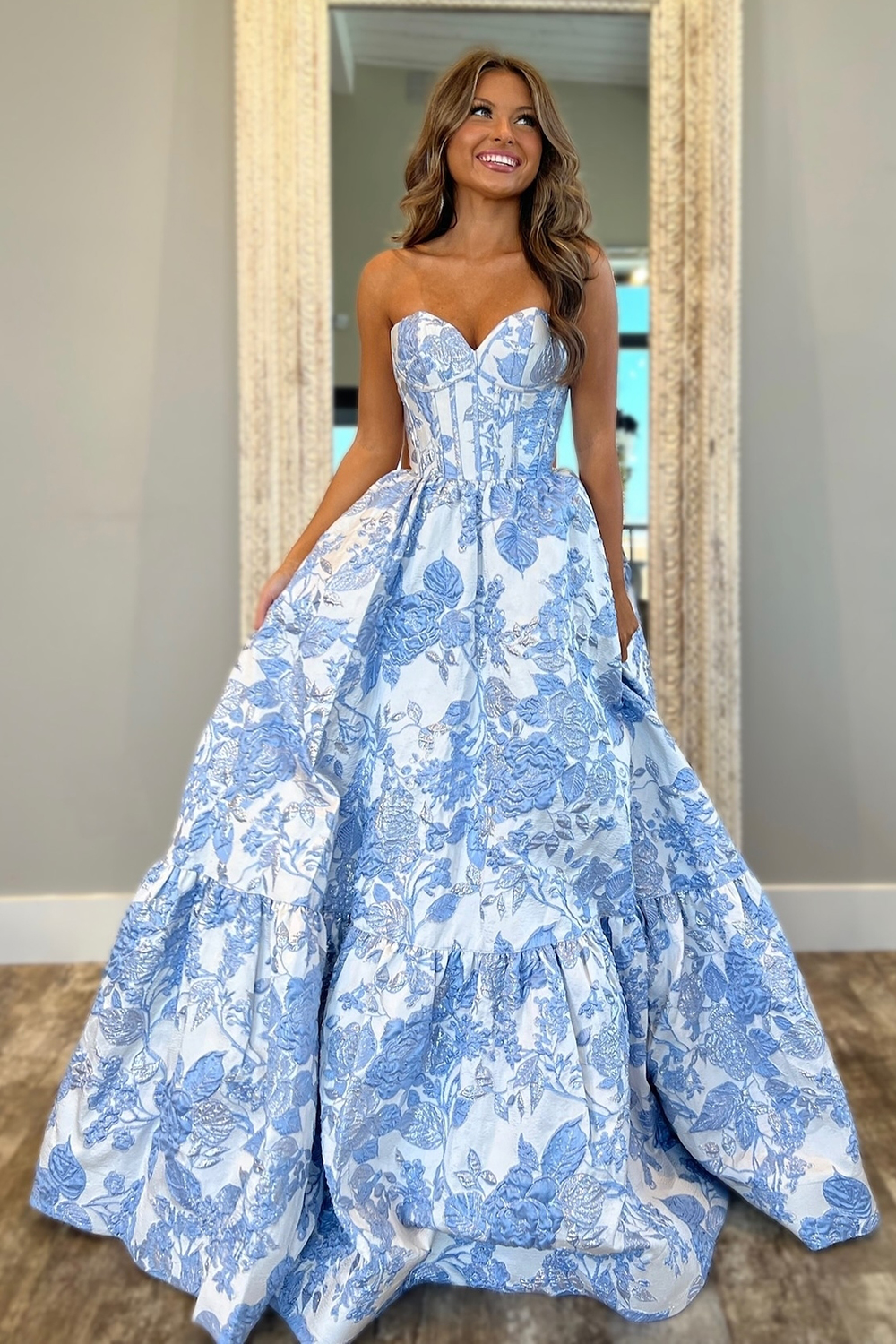 Sweetheart A-Line Blue Floral Corset Long Prom Dress