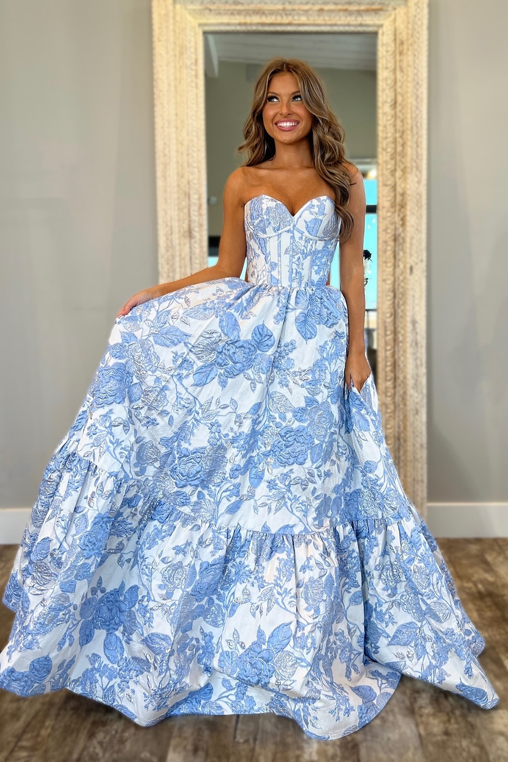 Sweetheart A-Line Blue Floral Corset Long Prom Dress
