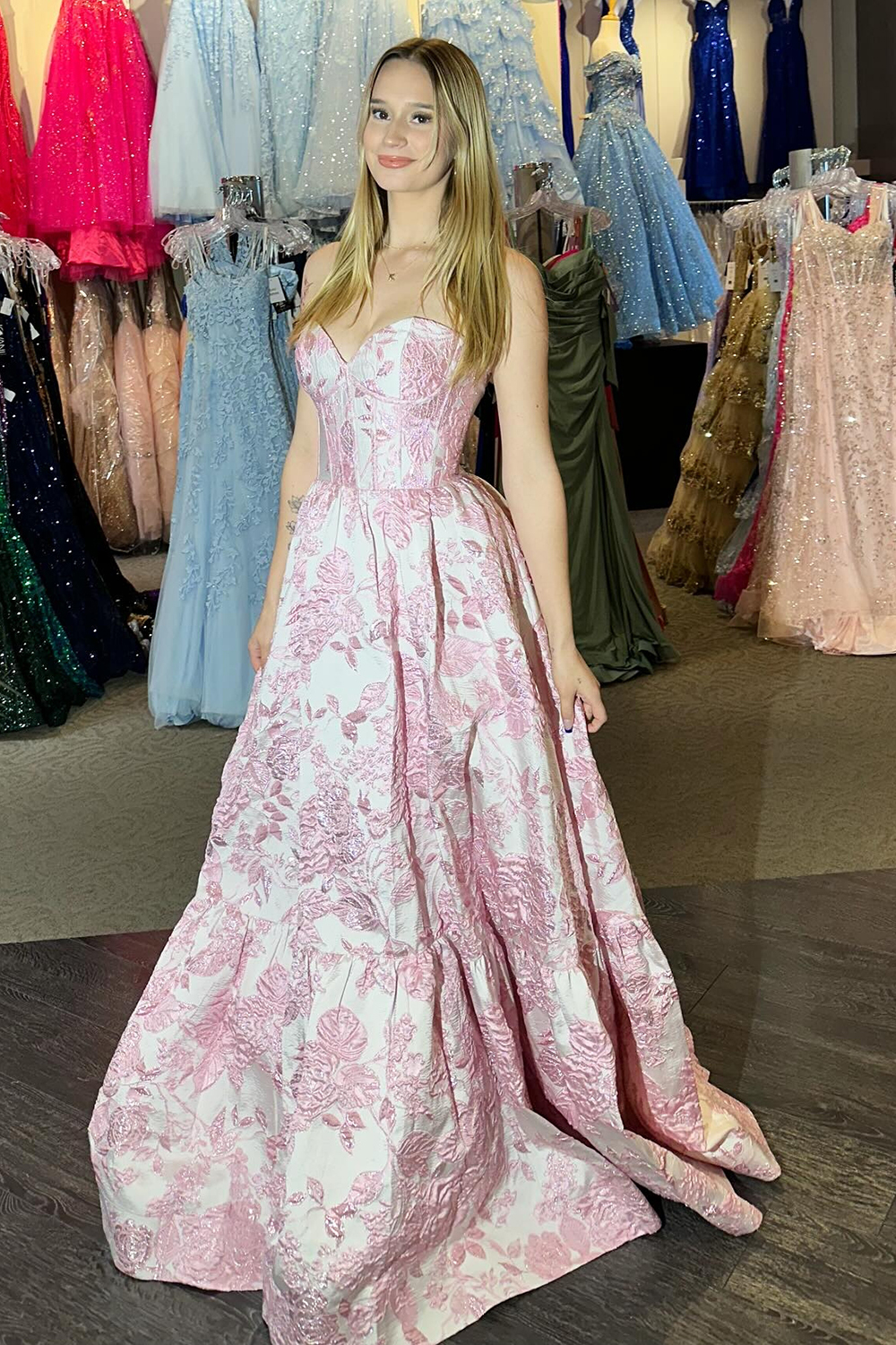 A-Line Pink Sweetheart Floral Corset Long Prom Dress