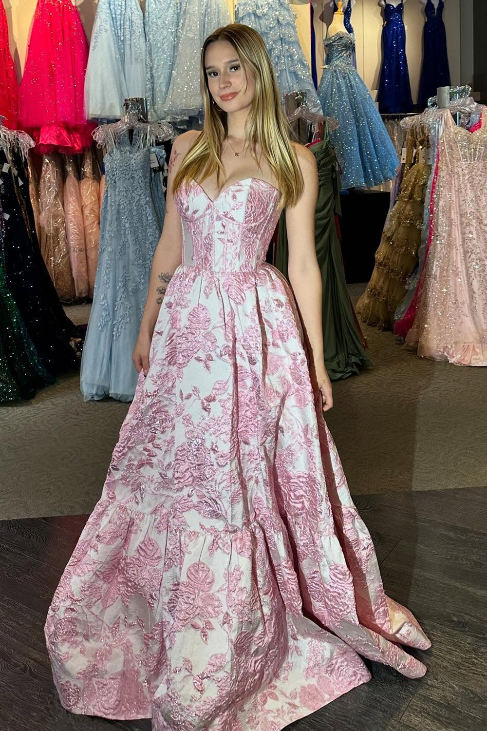 A-Line Pink Sweetheart Floral Corset Long Prom Dress